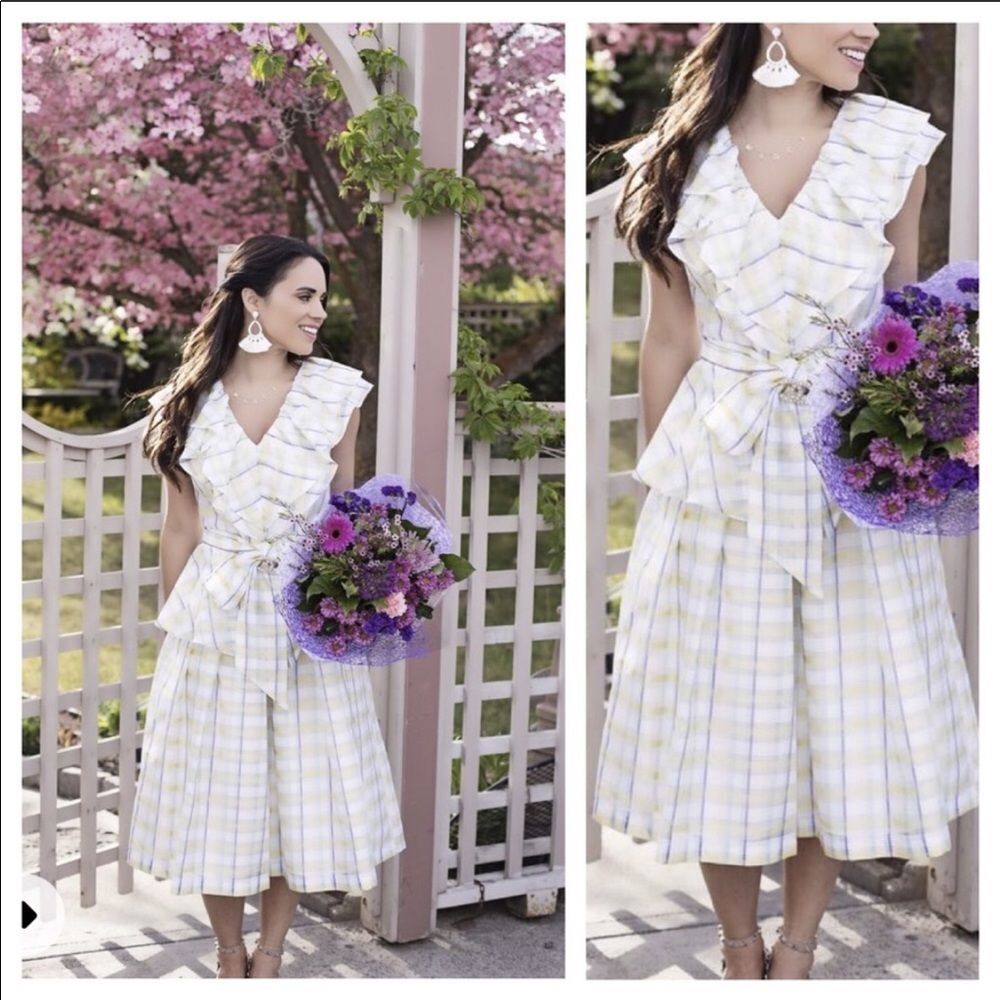 NWT White Plaid Peplum Ruffle Midi Dress L Rockabilly Coquette Tradwife Easter